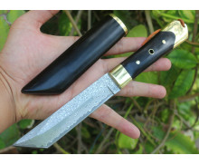 Imported Damascus Steel Handmade Copper Ebony Samurai Sword Collector's Edition Fixed Hunting Knife UD406561